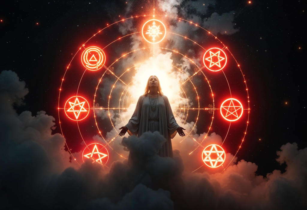 Radiant Christ Consciousness figure surrounded by glowing Hermetic Principle symbols, sacred geometry, and cosmic energy in red, black, white, and gray tones.