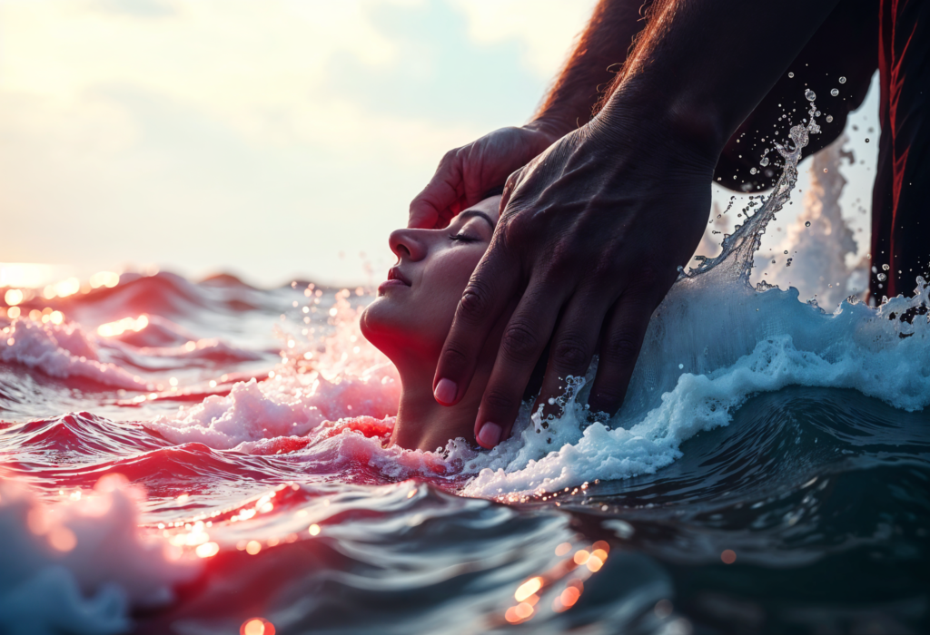 A massive biblical giant’s hand gently holds a person’s head as they are baptized in a stylized ocean of red, white, and black waves.