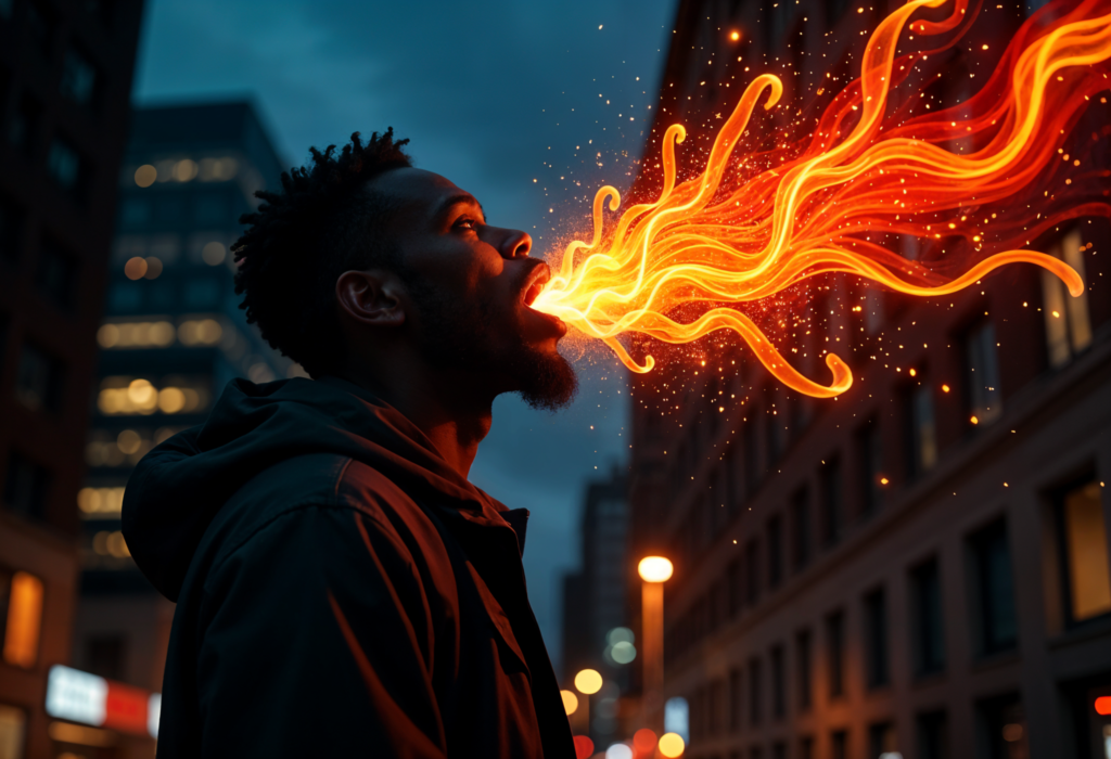 A strong Black man speaking powerfully in a cityscape at night, with glowing waves of energy and words radiating from his mouth, symbolizing the transformative power of language and thought.